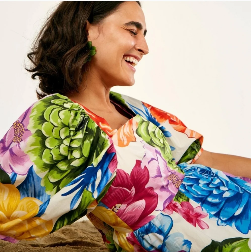 FARM RIO | Rainbow Chita Empire Waist Puff Sleeve Blouse Size Small